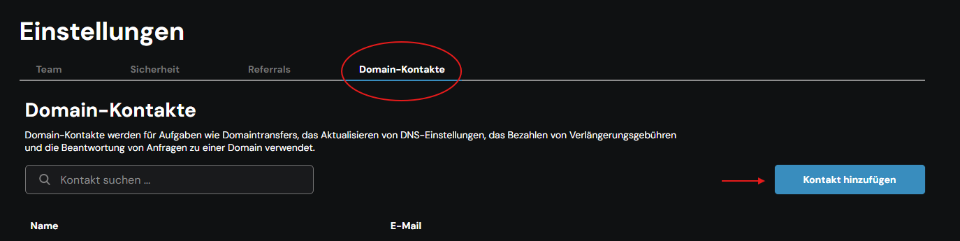 Auswahl Domain-Kontakte hinzufügen